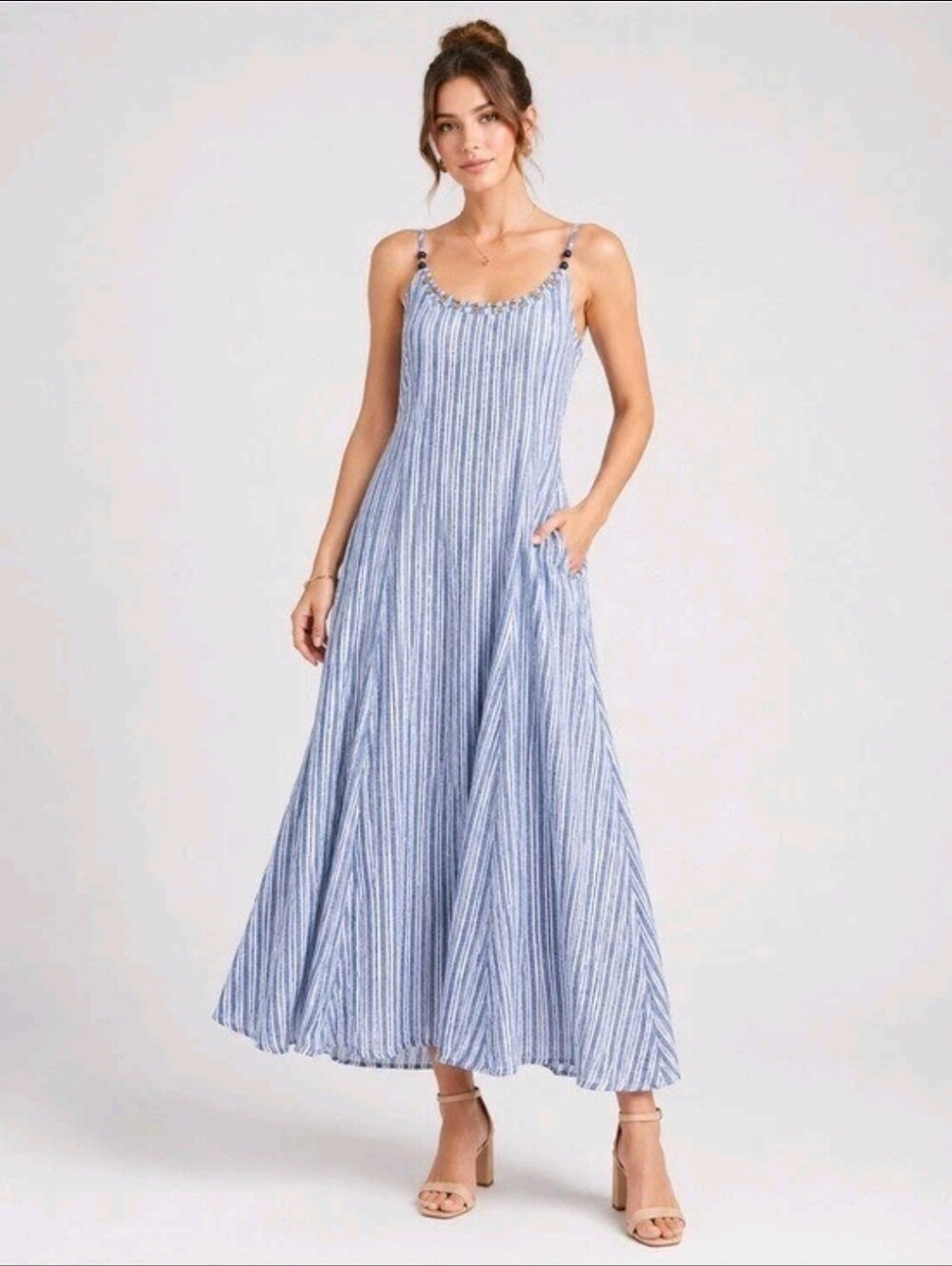 Calypso St Barth Women's Linen Blend Blue Stripe Beaded Maxi Dress Pockets XXS